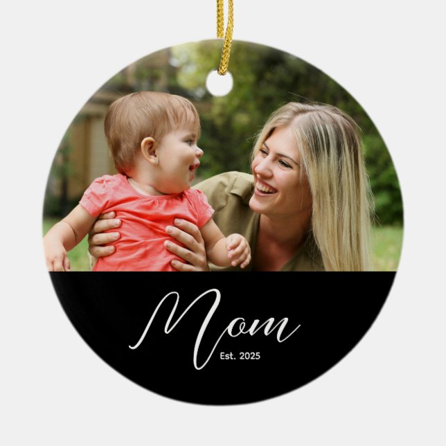Mom Established Black White Script Photo Keramik Ornament (Vorne)