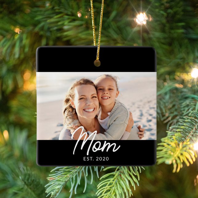 Mom Established Black White Script Photo Keramikornament (Von Creator hochgeladen)