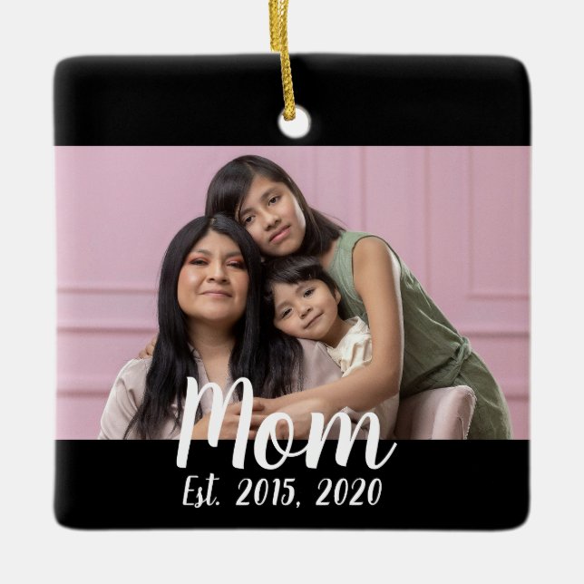 Mom Established Black White Script Photo  Keramikornament (Vorderseite)