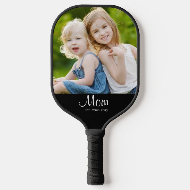 Mom Established Black White Script Photo Pickleball Schläger (Vorderseite)