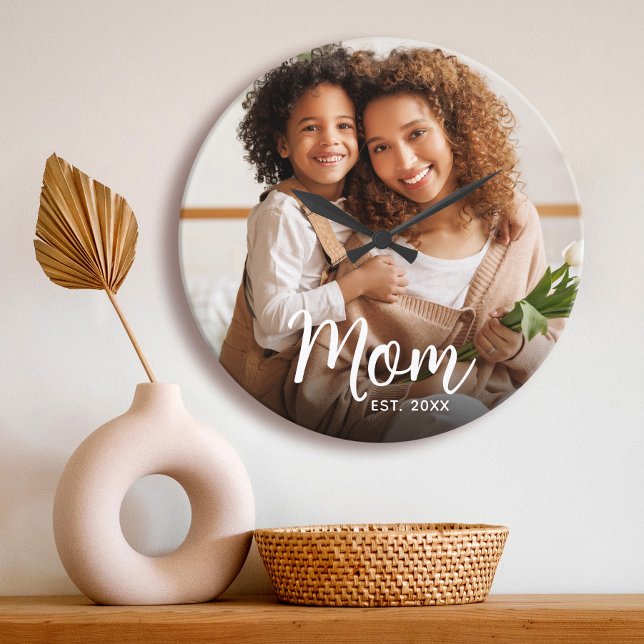 Mom Established Date White Script Custom Photo Große Wanduhr (Von Creator hochgeladen)