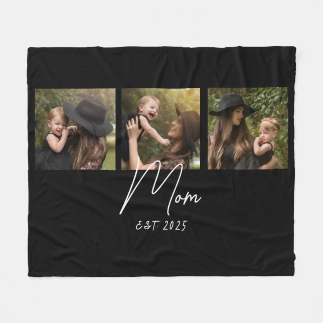 Mom Established Elegant Script Black 3 Photo Fleecedecke (Vorderseite (Horizontal))