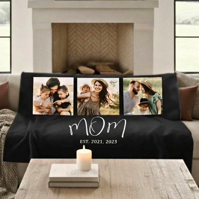 Mom Established Elegant Script Black 3 Photo Fleecedecke (Von Creator hochgeladen)