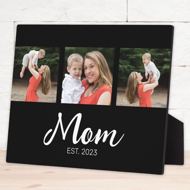 Mom Established Elegant Script Black 3 Photo Fotoplatte (Von Creator hochgeladen)