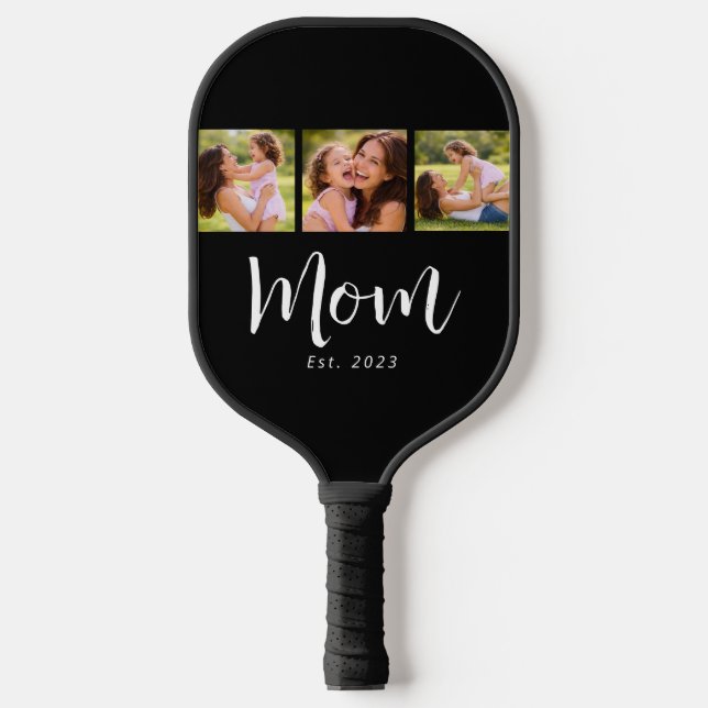 Mom Established Modern Bold Script Black 3 Photo Pickleball Schläger (Vorderseite)
