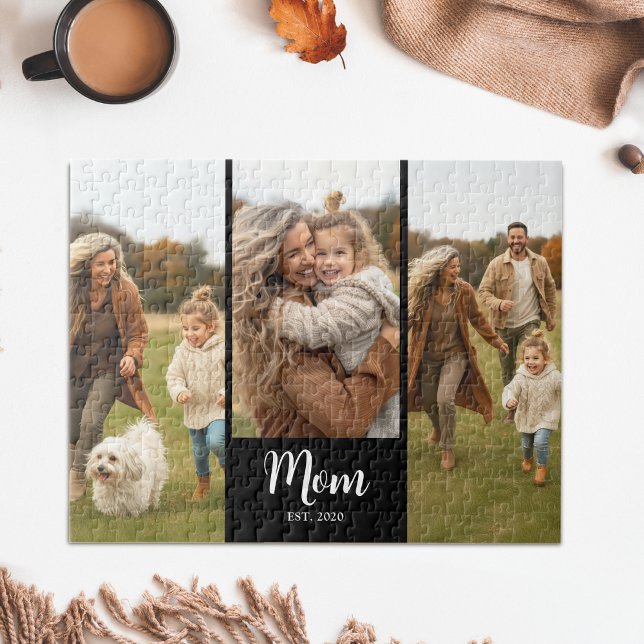 Mom Established Modern Script 3 Photo Black (Mom established script text with 3 of your favorite photos)