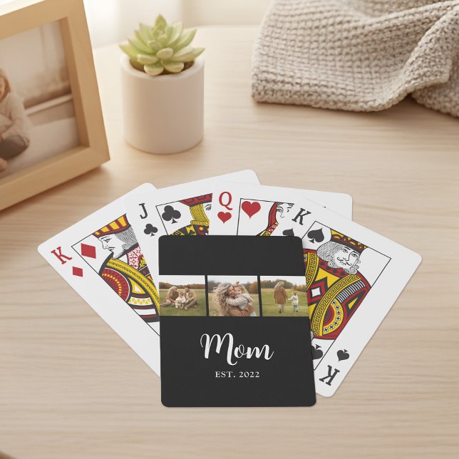 Mom Established Modern Script 3 Photo Black Spielkarten (Mom established 3 photo script text - fully personalizable!)