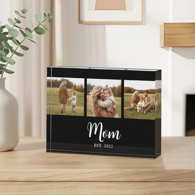 Mom Established Modern Script Black 3 Fotoblock (Mom Est. with 3 personalizable photos and text )