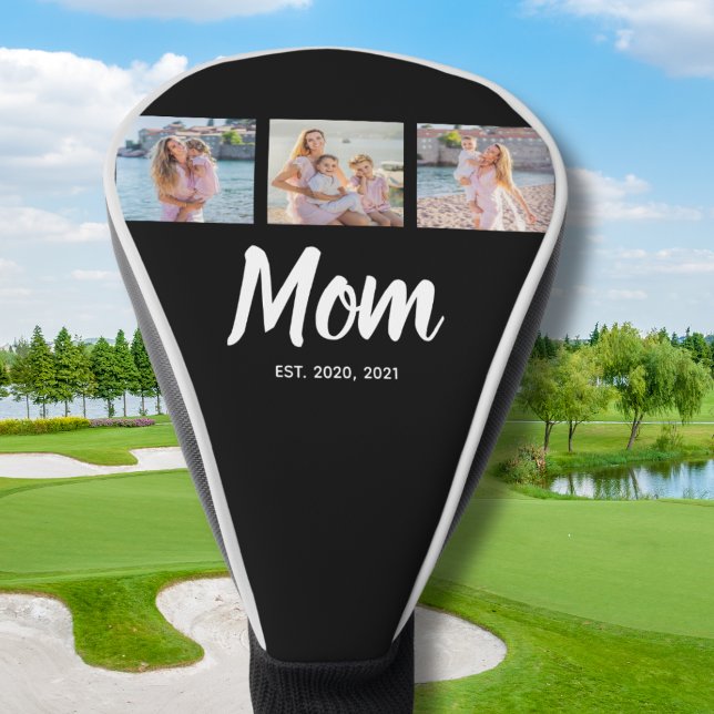 Mom Established Modern Script Black 3 Photo Golf Headcover (Personalize with your favourite photos and the relevant year(s))