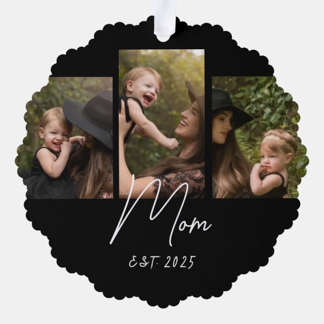 Mom Established Modern Script Black 3 Photo Ornament Karte (Rückseite)