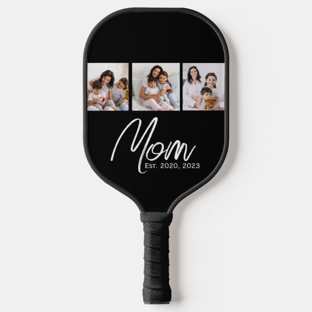 Mom Established Modern Script Black 3 Photo Pickleball Schläger (Vorderseite)