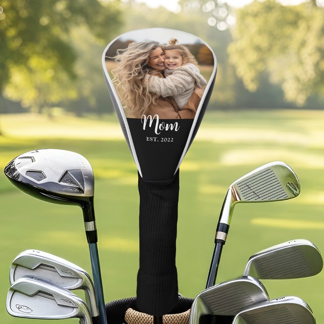 Mom Established Modern Script Photo Black Golf Headcover (Mom established white script text with personalized with photo, name and Est. year)