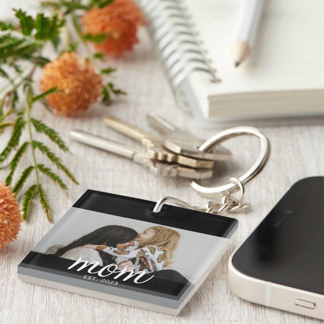 Mom Established Modern Script Photo Schlüsselanhänger (Vorderseite rechts)