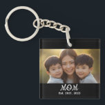 Mom Established Modern Script Photo Schlüsselanhänger<br><div class="desc">Black White Mom Established Script Photo Design. Replace the photo with your own of your kids and change the years to the years you became a mom.</div>
