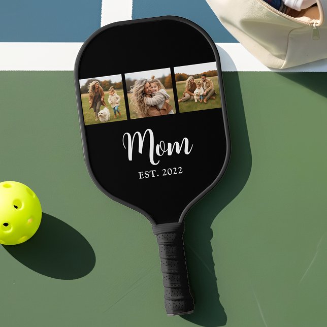 Mom Established Modern Script Text 3 Photo Black Pickleball Schläger (Mom established 3 photo design with elegant white script)