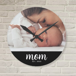 Mom Established Modern White Script Photo Runde Wanduhr