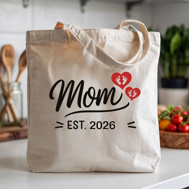 Mom Established Mothers Day Name Year Script Heart Tragetasche (new mom established script tote bags simple minimal script font mother mama mum script modern mother)