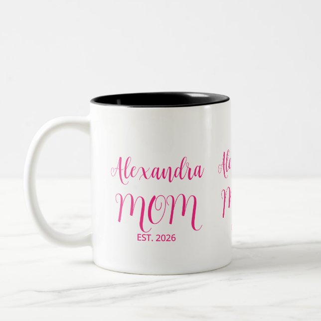 Mom Established Pink Script Name  Two-Tone Coffee Zweifarbige Tasse (Links)