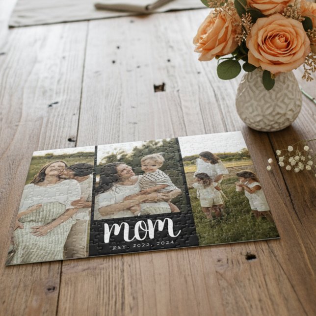 Mom Established Script Black 3 Photo (modern 3 photo black and white script mom established puzzle gift for mom on Mother's Day Christmas)