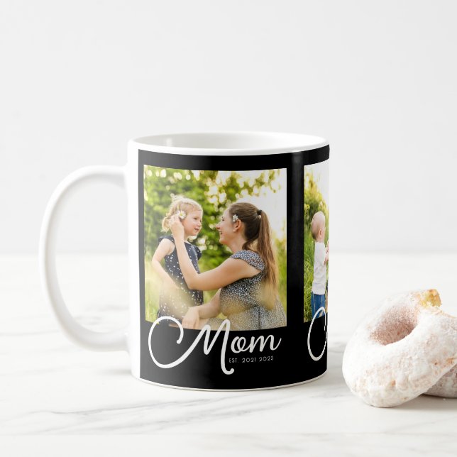 Mom Established Script Black 3 Photo Coffee Mug Kaffeetasse (Mit Donut)