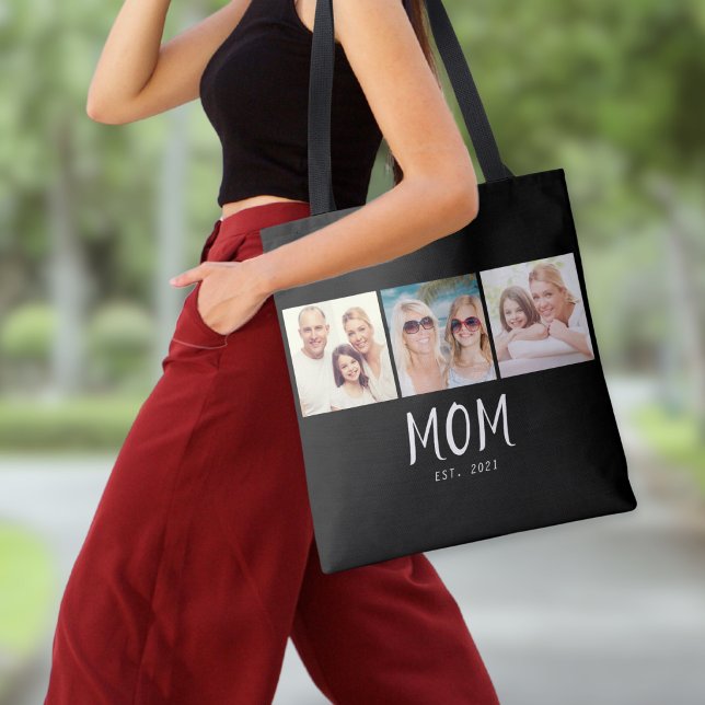 Mom Established Script Black 3 Photo Tasche (A stylish tote bag with three photos and customizable "Mom Est. 2021" text in white on black)