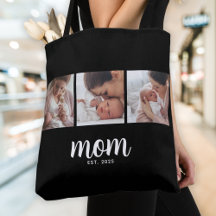 Mom Established Script Black 3 Photo Tote Bag