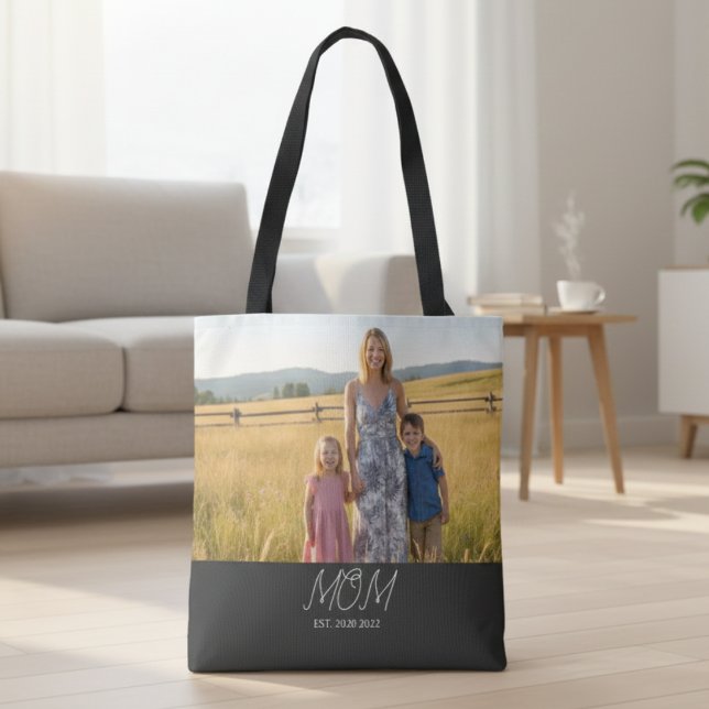 Mom Established Script Black Photo Tote Bag Tasche (Von Creator hochgeladen)