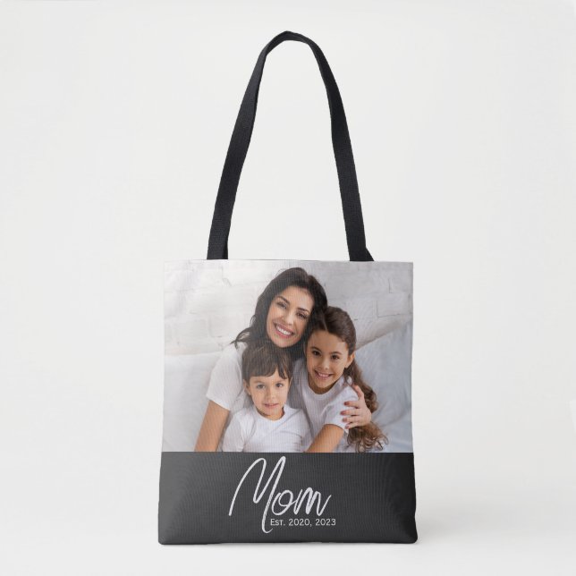 Mom Established Script Black Photo Tote Bag Tasche (Vorderseite)