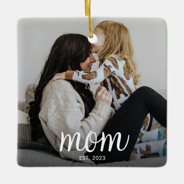 Mom Established White Script Photo Keramikornament (Vorderseite)
