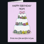 Mom Happy Birthday from Son and Son in Law<br><div class="desc">An illustration of a pretty multi tiered, pastel colored cake set against a pale mauve colored background. The words 'Happy Birthday Mom from your Son and Son in Law' accompany the image.</div>