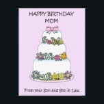Mom Happy Birthday from Son and Son in Law Postkarte<br><div class="desc">Ein zarter,  mehrschichtiger,  pastellfarbener Kuchen vor einem blasslila Hintergrund. Die Worte "Happy Birthday Mama von Ihrem Sohn und Sohn im Gesetz" begleiten das Bild.</div>
