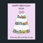 Mom Happy Birthday from Son and Son in Law Postkarte<br><div class="desc">Ein zarter,  mehrschichtiger,  pastellfarbener Kuchen vor einem blasslila Hintergrund. Die Worte "Happy Birthday Mama von Ihrem Sohn und Sohn im Gesetz" begleiten das Bild.</div>