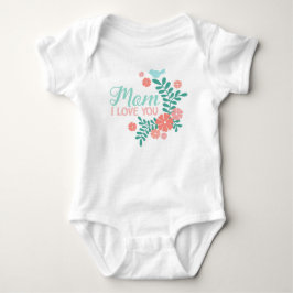 Mom I love you text, blue bird, pink flowers Baby Strampler
