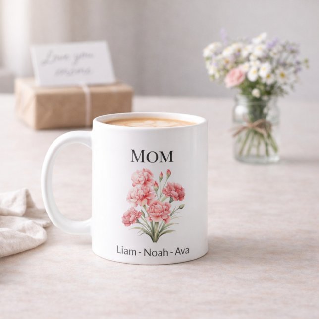 Mom January Birth Flower with Kids Names Kaffeetasse (Von Creator hochgeladen)