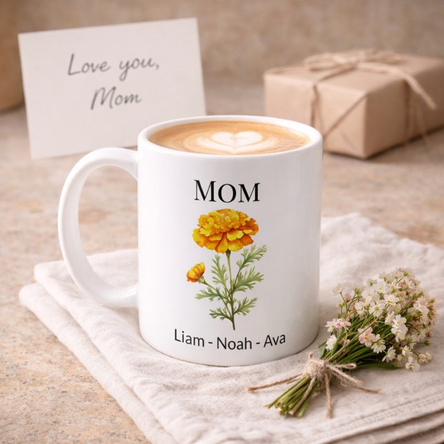 Mom October Birth Flower with Kids Names Kaffeetasse (Von Creator hochgeladen)