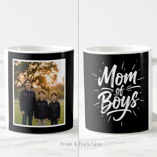 Mom of Boys Brush Script Custom 1 Photo Black Kaffeetasse (Von Creator hochgeladen)