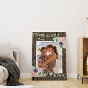 Mom Photo Hand Lettered Rustic Wood and Floral Leinwanddruck