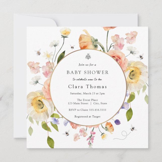 Mom to BEE Floral Baby Shower Invitation Einladung (Vorderseite)