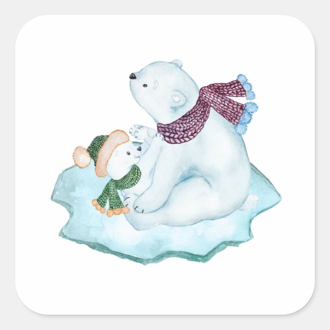 MOMMA & BABY POLAR BÄREN AUF EIS QUADRATISCHER AUFKLEBER (Vorderseite)