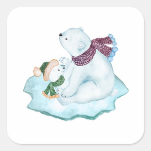 MOMMA & BABY POLAR BEARTEN AUF EISENBLUMEN QUADRATISCHER AUFKLEBER