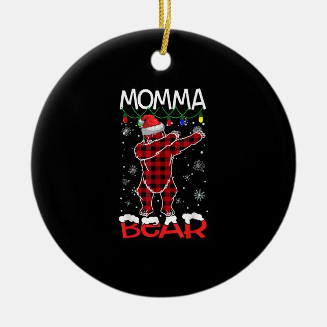 Momma Bear Dabbing Buffalo Plaid Lights Christmas Keramik Ornament (Vorne)