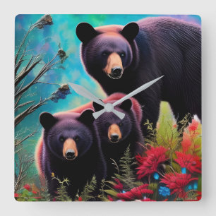 Momma Bear und Cubs Quadratische Wanduhr