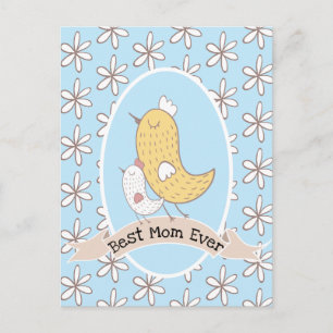 Momma Bird und Baby mit weißen Blume Postkarte