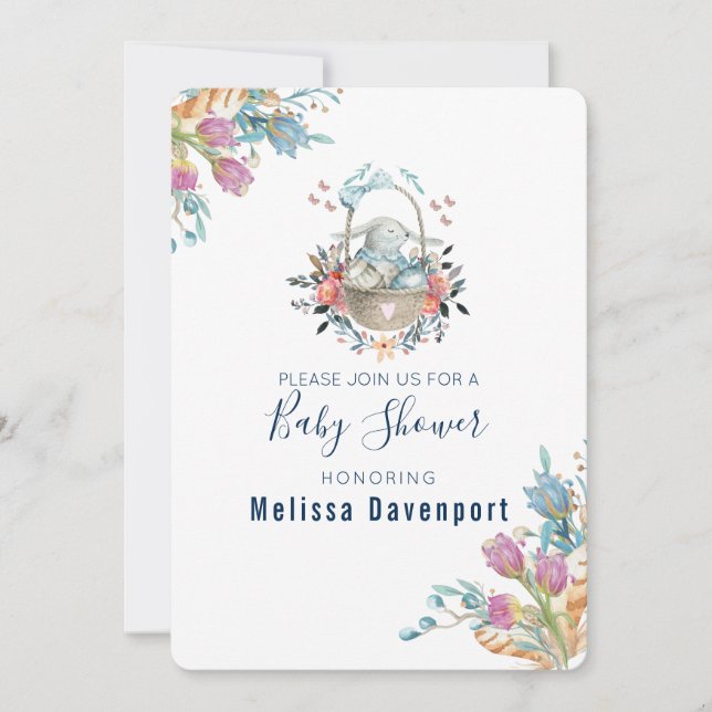 Momma Bunny in Basket & Tulip Florals Baby Dusche Einladung (Vorderseite)
