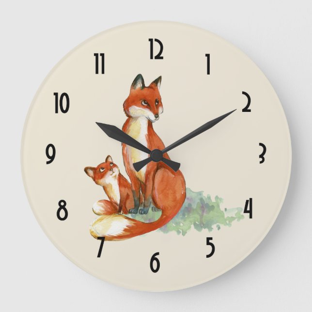 Momma Fox und Baby-Aquarell-Illustration Große Wanduhr (Vorderseite)