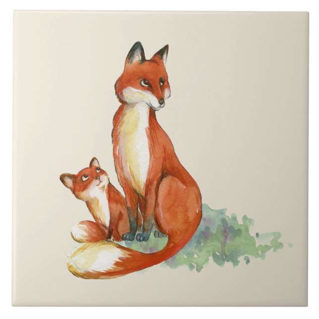 Momma Fox und Baby Watercolor Illustration Fliese (Vorderseite)