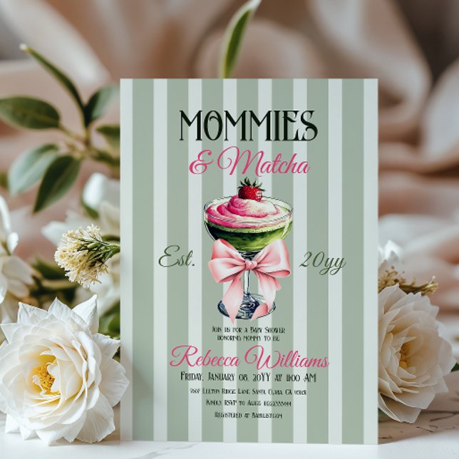 Mommies und Matcha Strawberry Pink Bow Baby Shower Einladung (Von Creator hochgeladen)