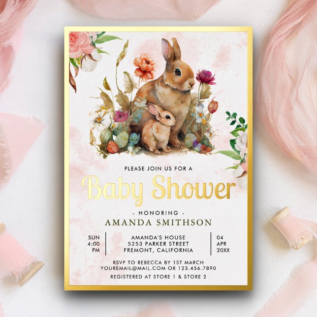 Mommy and Baby Floral Bunny Baby Shower Gold Foil Folieneinladung (Von Creator hochgeladen)