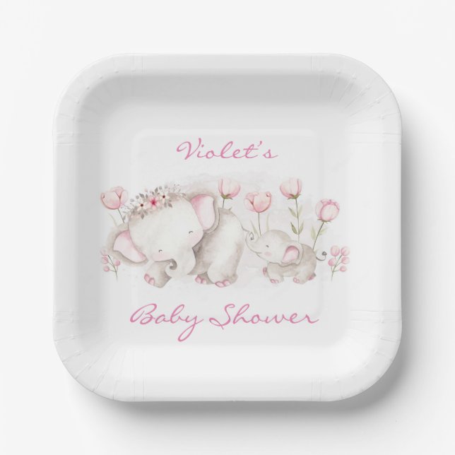Mommy and Me Elephant Pastel Girl Babydusche Pappteller (Vorderseite)