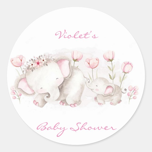 Mommy and Me Elephant Pastel Girl Babydusche Runder Aufkleber (Vorderseite)